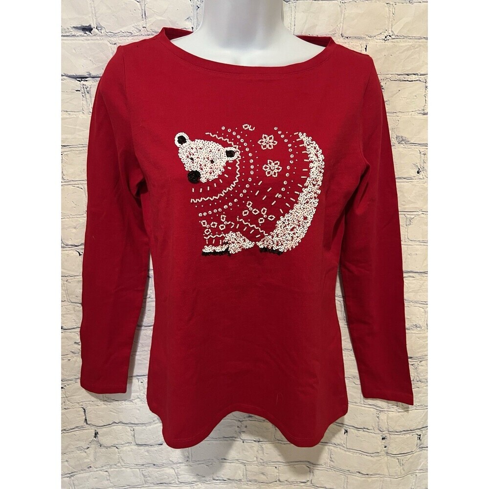 Talbots Long Sleeve Red T-shirt Polar Bear Sequin Design Round Neck Small Petite